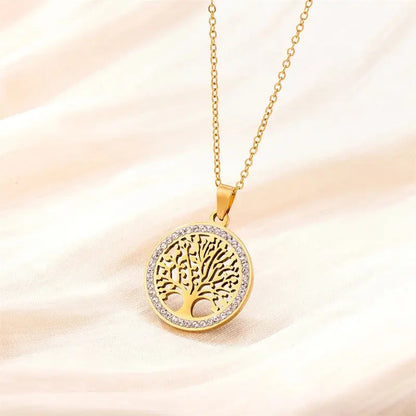 304 Stainless Steel Retro Hollow Inlaid Zircon Tree Of Life Peace Pendant Necklace Bracelet Earrings Ladies Wedding Jewelry Set Initiale