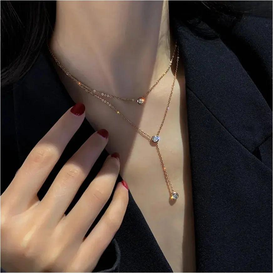 316L Stainless Steel Fashion Fine Jewelry 2 Layer Embedded Zircon Sexy Tassel Charms Chain Choker Necklaces Pendants For Women Initiale