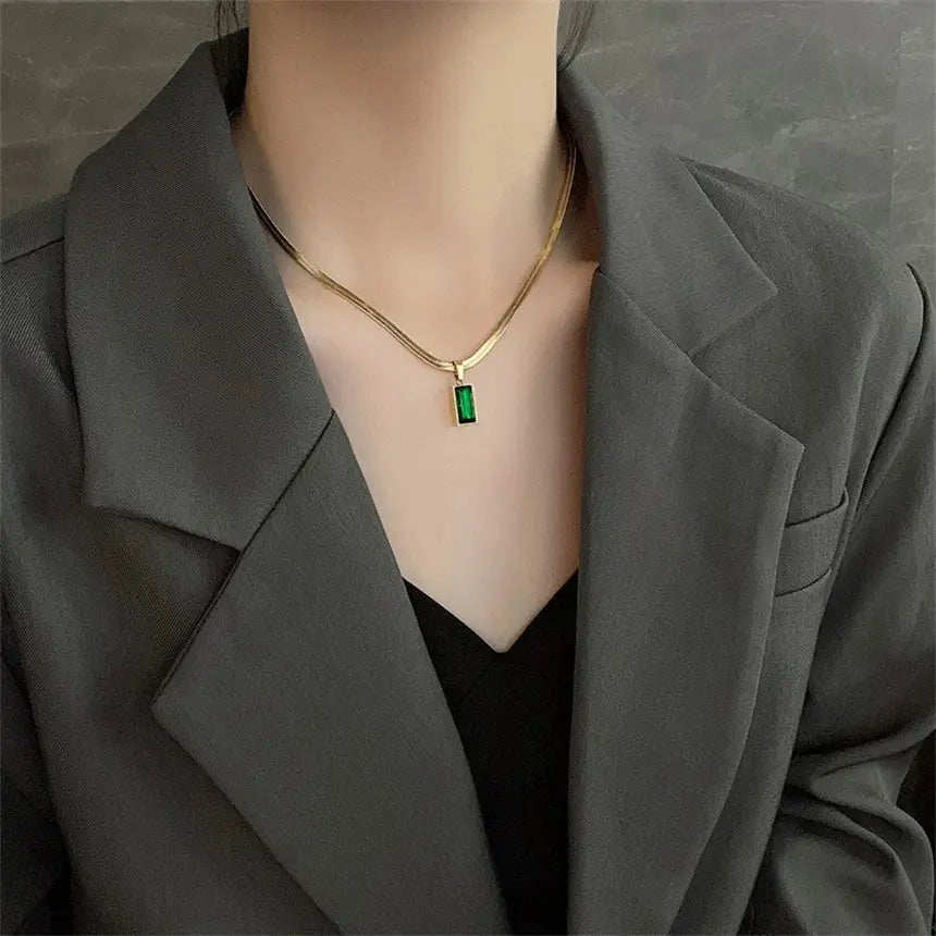 316L Stainless Steel Vintage Green Zircon Square Shape Pendant Charms Chain Necklaces Earrings Fashion High Jewelry Party Gifts Initiale