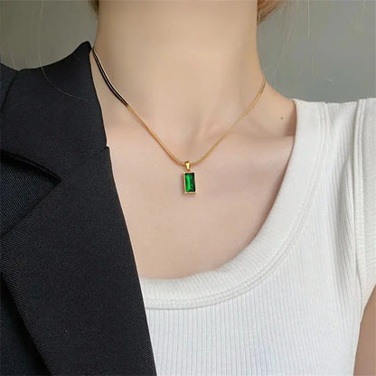 316L Stainless Steel Vintage Green Zircon Square Shape Pendant Charms Chain Necklaces Earrings Fashion High Jewelry Party Gifts Initiale