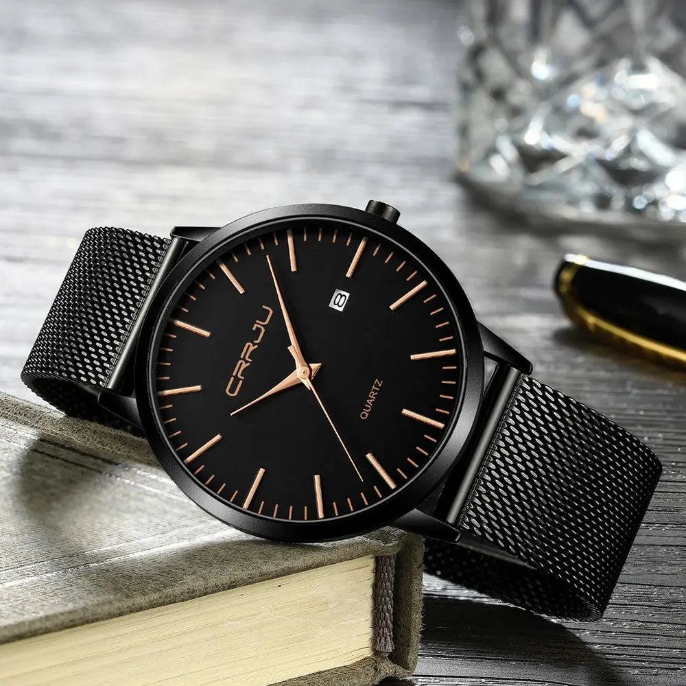 CRRJU Fashion Mens Watches Ultra Thin Quartz Watch Men Casual Slim Mesh Steel Waterproof Sport Watch Black Relogio Masculino Les Bijoux Lili