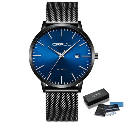 CRRJU Fashion Mens Watches Ultra Thin Quartz Watch Men Casual Slim Mesh Steel Waterproof Sport Watch Black Relogio Masculino Les Bijoux Lili