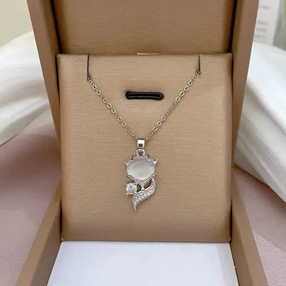 Creative Fashion Cartoon Fox Opal Pendant Necklace for Women Exquisite Gold Color Stainless Steel Zircon Chokers Jewelry Gift Initiale