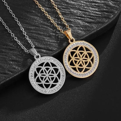 Exquisite Stainless Steel Zircon Mandala Lotus Pendant Necklace for Women Stylish and Elegant Lucky Amulet Jewelry Initiale