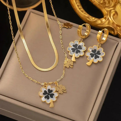 Fashion Four-leaf Flower Stainless Steel Earrings Necklace Set for Women Lucky Turkish Blue Eyes Drop Pendant Daywear Jewelry Initiale