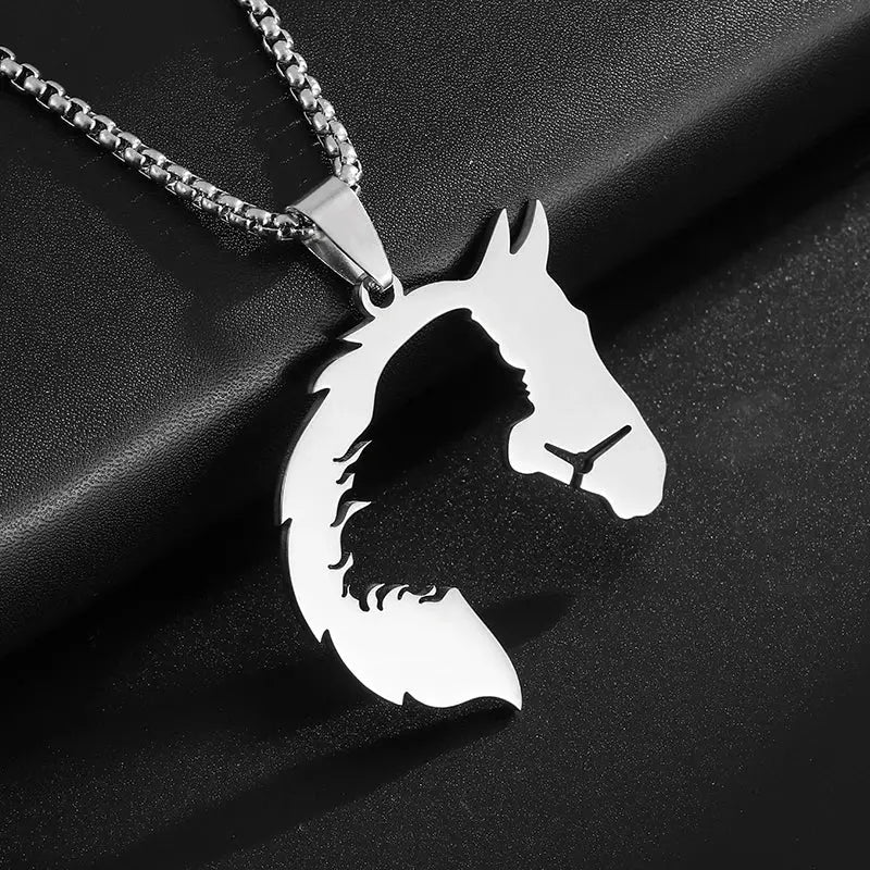 Stainless Steel Creative Polished Horse Head Goddess Pendant Necklace for Men and Women Fashion Hip-Hop Jewelry Accessories Initiale