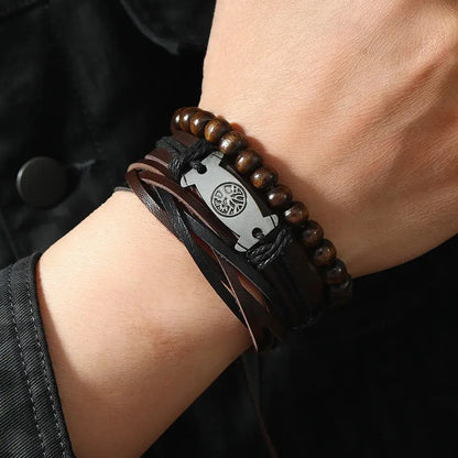 Punk Casual Bead6 Pc/set Tree Black Khaki Handmade Men Bracelets Male Women Leather Bracelets Men Bangle Wholesale Jewelry Gift Initiale