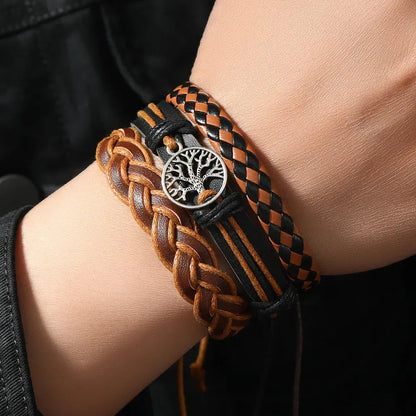 Punk Casual Bead6 Pc/set Tree Black Khaki Handmade Men Bracelets Male Women Leather Bracelets Men Bangle Wholesale Jewelry Gift Initiale