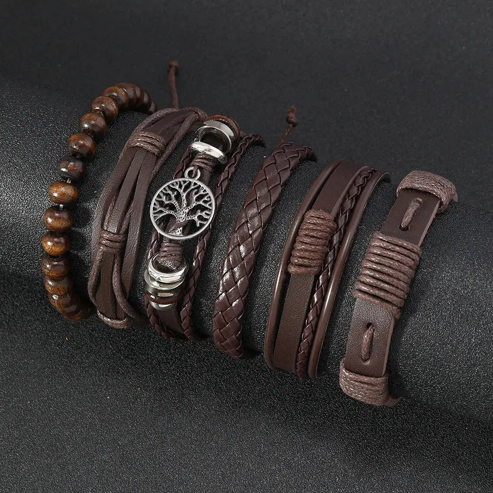 Punk Casual Bead6 Pc/set Tree Black Khaki Handmade Men Bracelets Male Women Leather Bracelets Men Bangle Wholesale Jewelry Gift Initiale